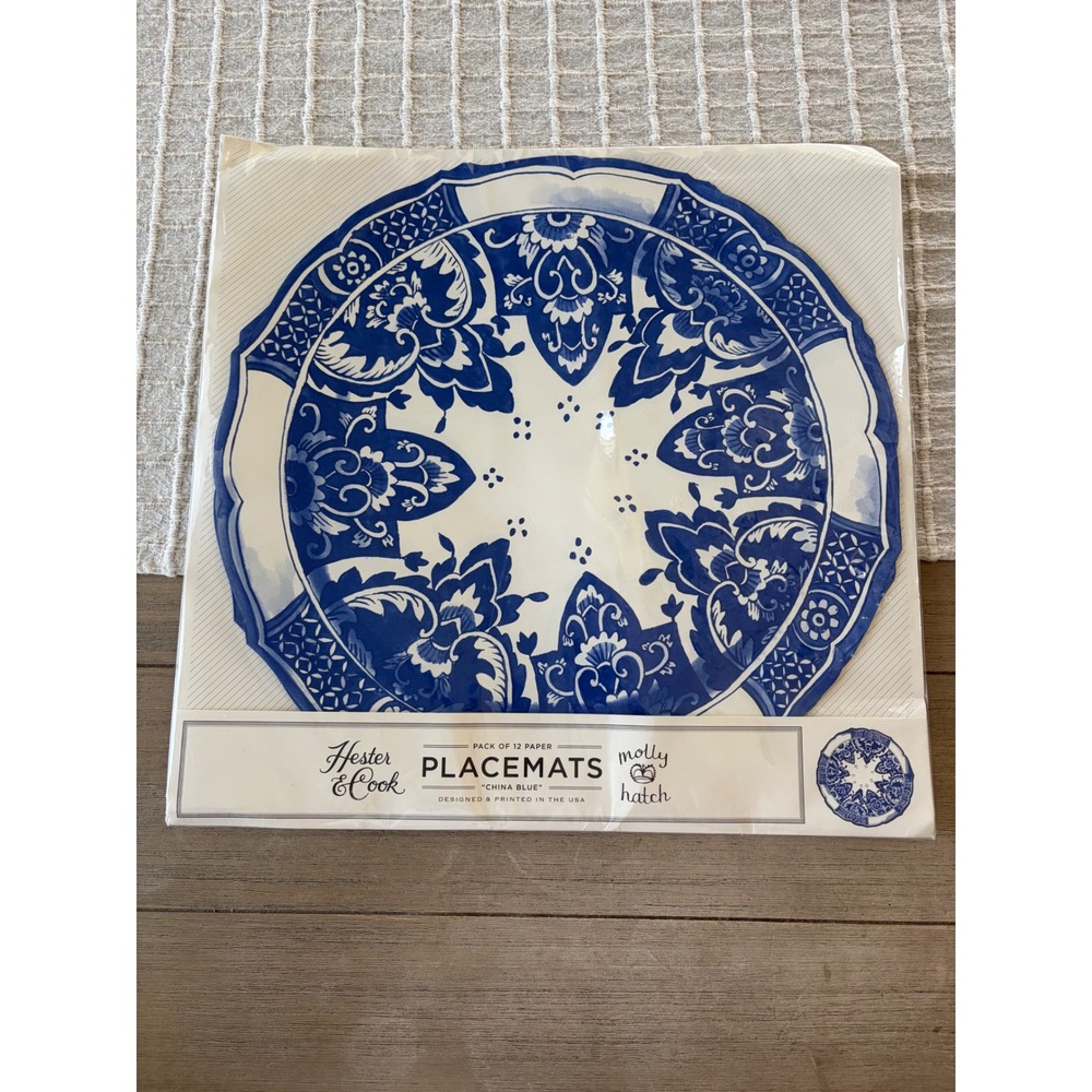 Hester & Cook Molly Hatch China Blue Paper Placemats Pack 12 Floral Blue White